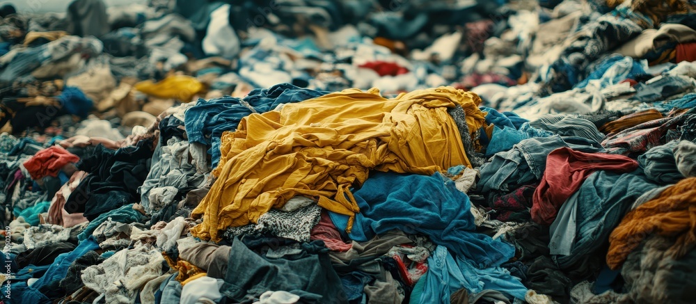 Pile of Discarded Clothing in a Landfill Highlighting Environmental Waste and Sustainability Issues Pile of Discarded Clothing in a Landfill Highlighting Environmental Waste and Sustainability Issues