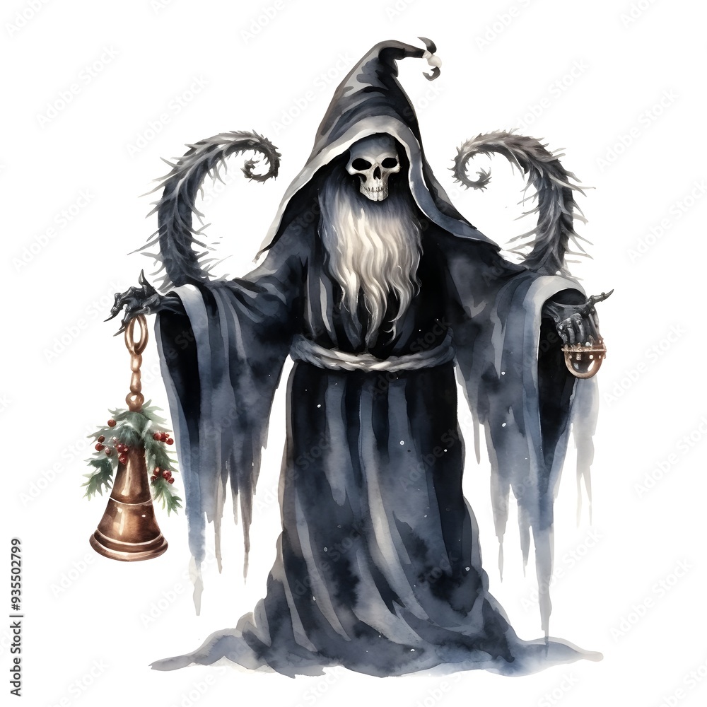 Fototapeta premium Spooky Grim Reaper Watercolor with Sleigh Bells and Scythe Spreading Holiday Cheer