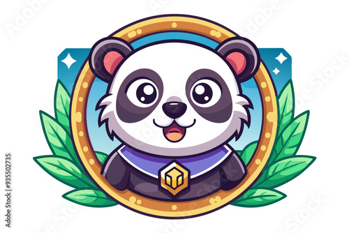 Cute Panda in a Golden Frame with Green Leaves