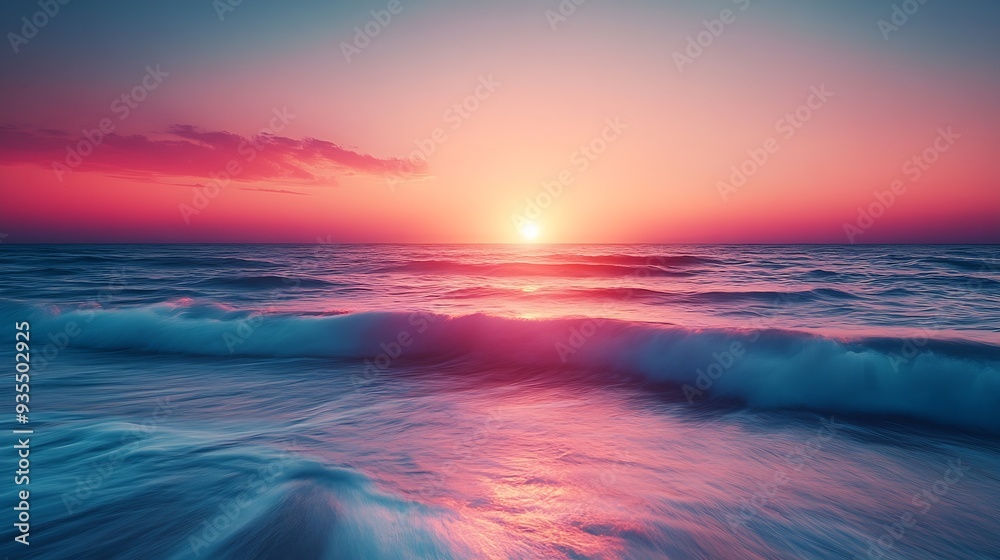 Fototapeta premium Abstract seascape with blurred motion capturing the serene movement of the waves under a gradient sky of deep blues and vibrant pinks reminiscent of a tranquil evening by the mediterra : Generative AI