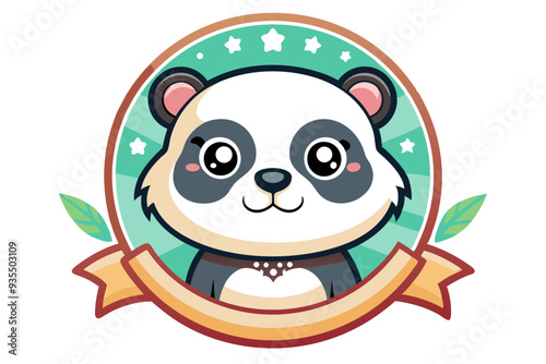 Cute Cartoon Panda Bear with a Ribbon and Stars