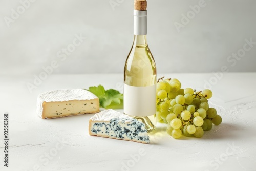 bottle of white wine surrounded by grapes and cheese on a light gray background, front view