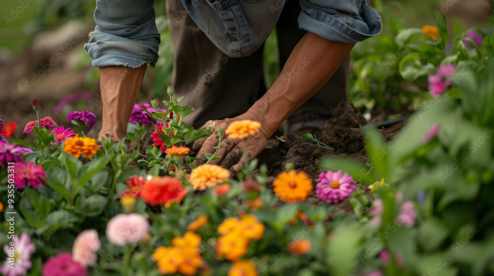 Obraz premium Elderly Gardener Planting Colorful Flowers in Garden