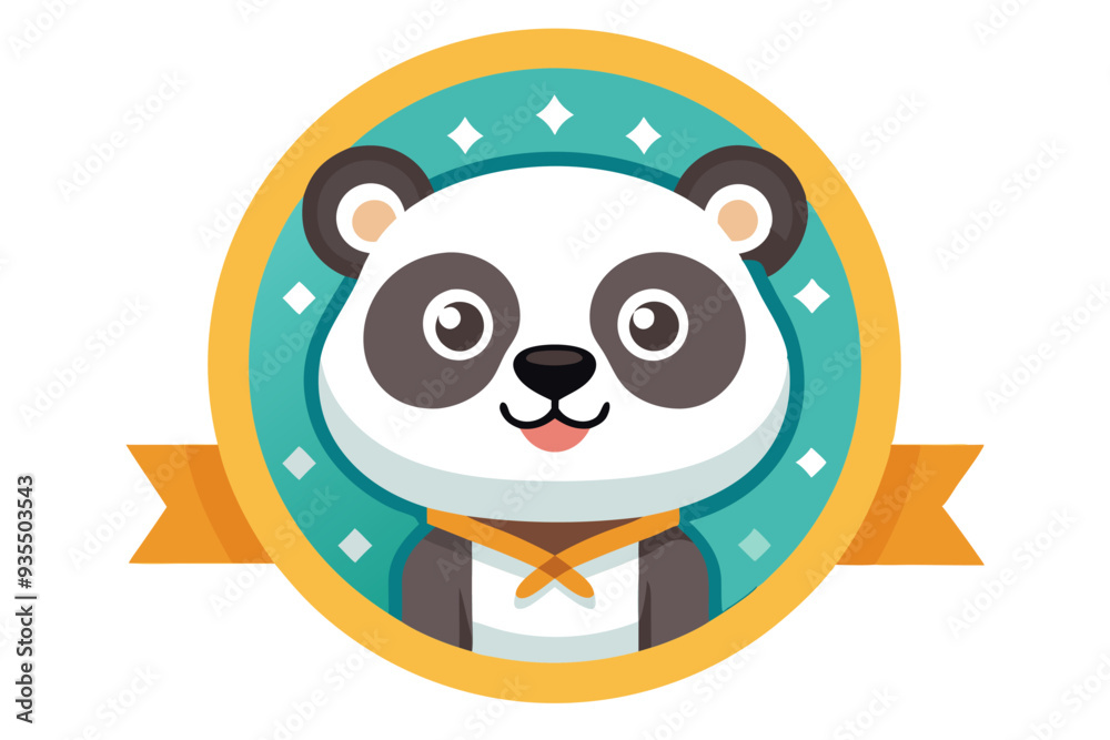 Cute Panda Bear in a Yellow Circle with a Ribbon Cute Panda Bear in a Yellow Circle with a Ribbon
