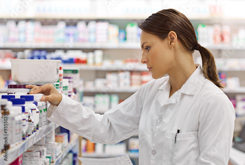 Pharmacy, stock and woman for healthcare with prescription for information, medicine and wellness. Drugs, pharmacist and inventory with pills, medication and search at chemist for retail supplements