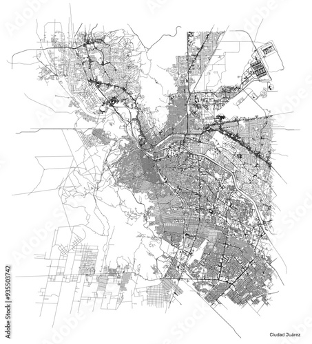 Ciudad Juarez city map with roads and streets, Mexico. Vector outline illustration.
