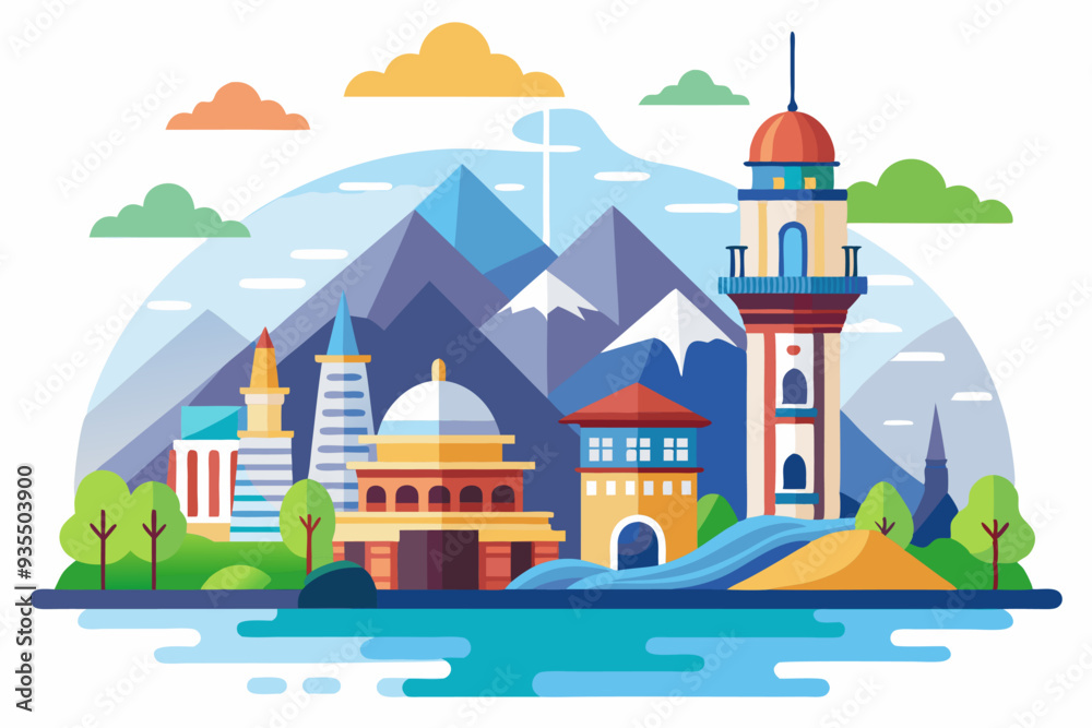Colorful Cityscape with Mountains, Tower, and Water