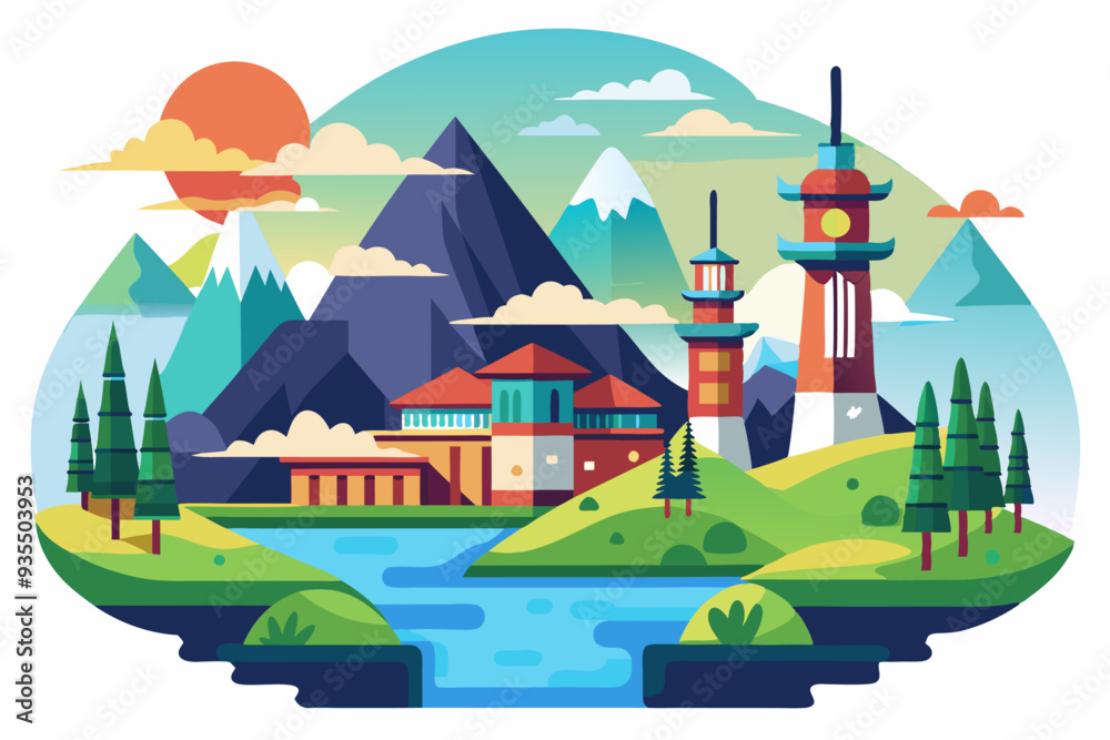 Naklejka premium Mountain Landscape with Buildings, River, and Sunset