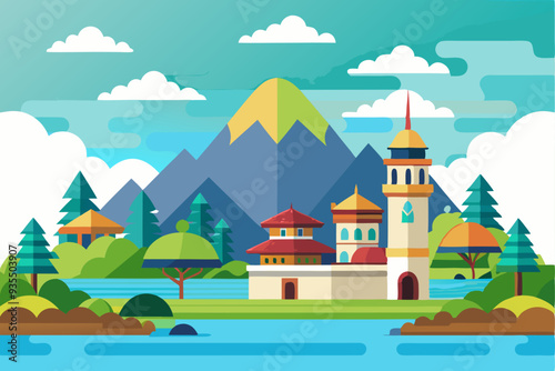 A picturesque landscape featuring a mosque, mountains, and a river