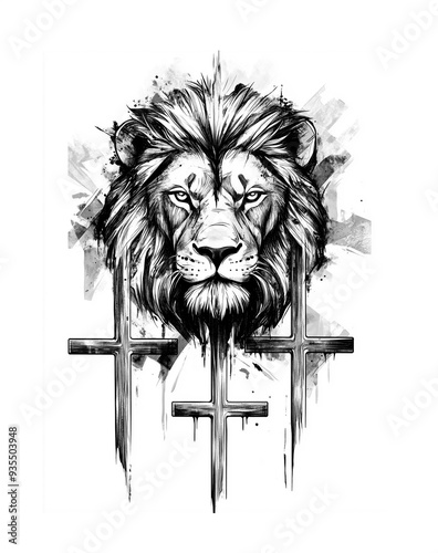 Creative unique illustrated design of a lion and three crosses. Perfect for T-shirt Design, Tattoo Design, Graphic Design, Wall Decor, Poster, Church Decor. Transparent background PNG
