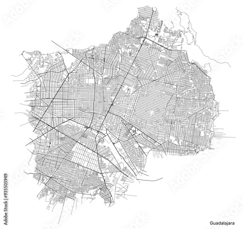 Guadalajara city map with roads and streets, Mexico. Vector outline illustration.