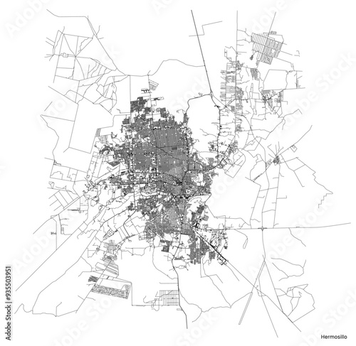 Hermosillo city map with roads and streets, Mexico. Vector outline illustration.
