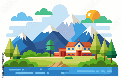 A House in the Mountains with a River and Trees