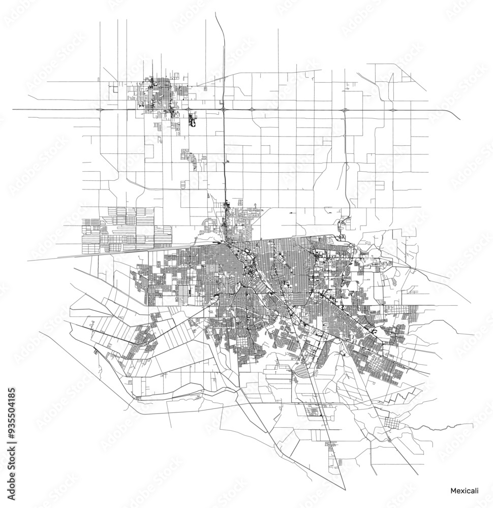 Naklejka premium Mexicali city map with roads and streets, Mexico. Vector outline illustration.