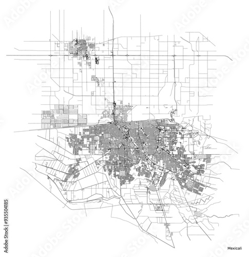 Mexicali city map with roads and streets, Mexico. Vector outline illustration.