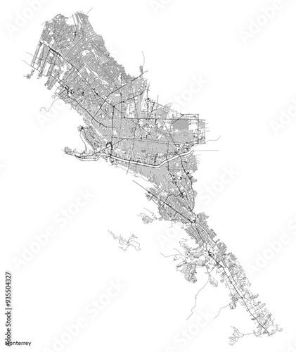 Monterrey city map with roads and streets, Mexico. Vector outline illustration.