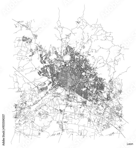 Leon city map with roads and streets, Mexico. Vector outline illustration.