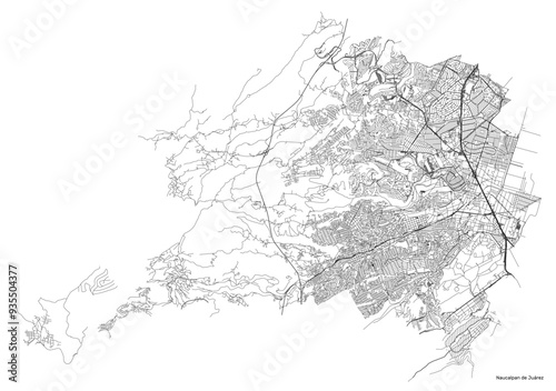 Naucalpan de Juarez city map with roads and streets, Mexico. Vector outline illustration.