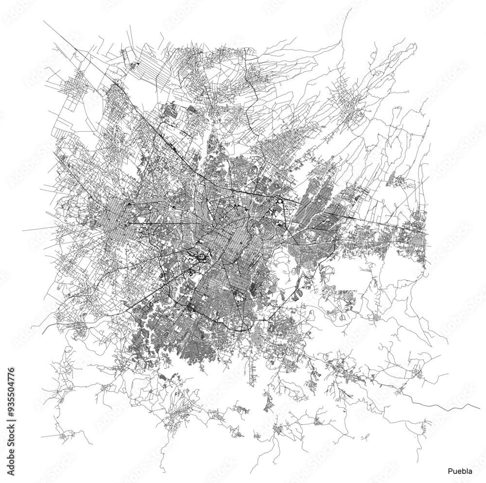 Fototapeta premium Puebla city map with roads and streets, Mexico. Vector outline illustration.