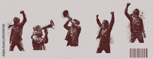 set of anarchy protestor raised hand, talk on megaphone. grunge photocopy effect. isolated background.
