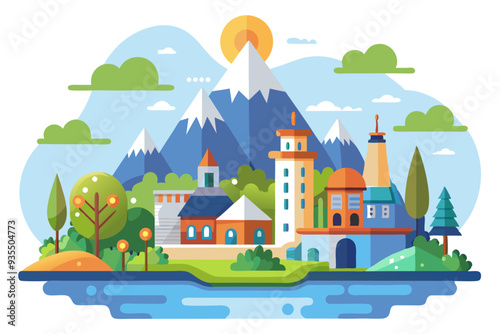 A picturesque village nestled amidst mountains and a serene lake.