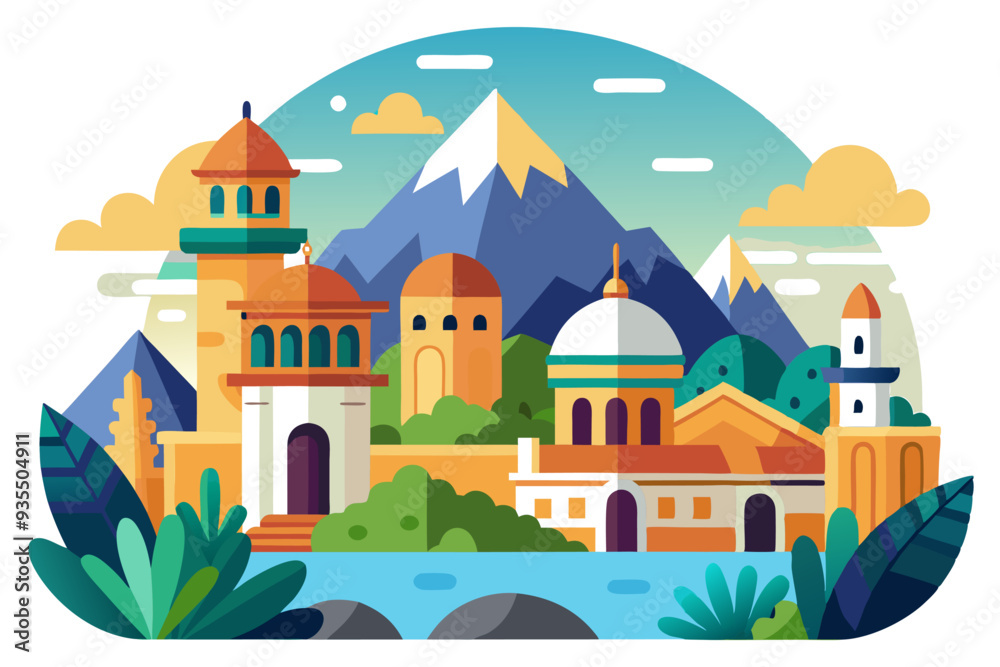 A Flat-style Illustration of a City with Domed Buildings, Mountains, and a River A Flat-style Illustration of a City with Domed Buildings, Mountains, and a River
