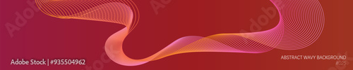 Abstract long banner background with wavy swirling lines flowing across red and orange gradient space