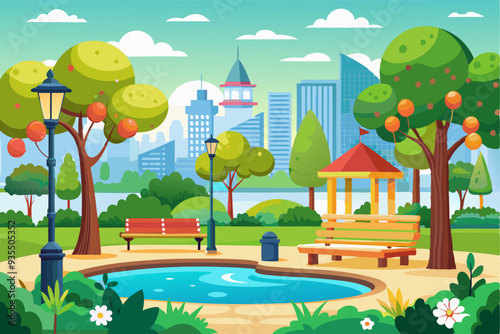 City Park Oasis with Pond, Benches, and Streetlights