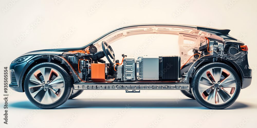 cross-section of a electric vehicle ev car isolated on white background