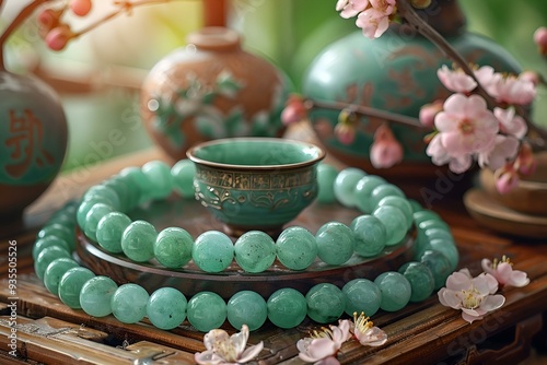 a bowl and a necklace on a plate. 