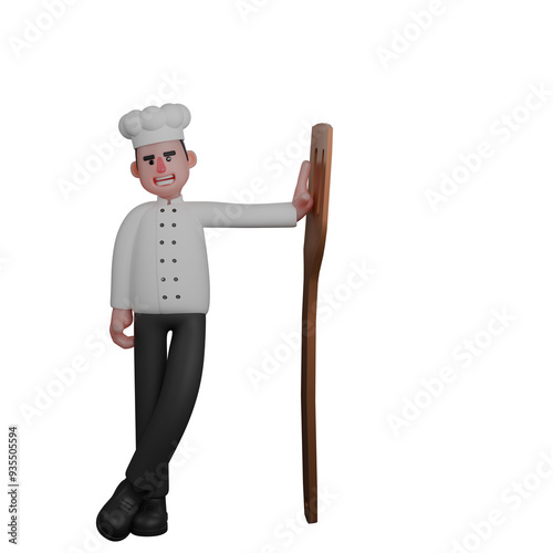 Culinary Provider 3D.  A chef is casually leaning against a large spatula with a confident facial expression. Male Chef Cartoon photo