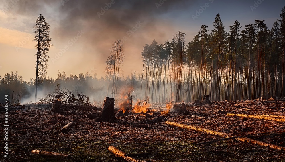 forest after cutting down trees and destroying them; fire disaster forest after cutting down trees and destroying them; fire disaster