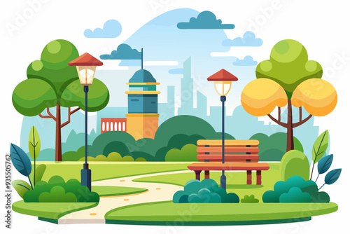 A Winding Path Through a Park with a Bench and Streetlamps