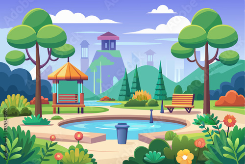 Tranquil Park Scene with Pond, Gazebo, and Bench