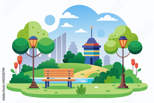 A Park Scene with a Wooden Bench, Two Streetlamps, and a Tower in the Background