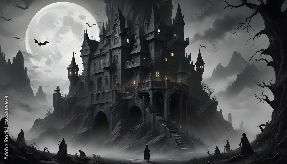 halloween background Dark, gothic castle on a misty night with a full moon and bats halloween background Dark, gothic castle on a misty night with a full moon and bats