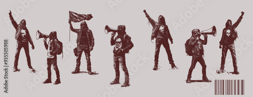 set of anarchy protestor raised hand, talk on megaphone. grunge photocopy effect. isolated background.