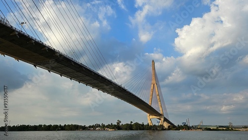 Bottom view of Can Tho cable-stayed bridge beetween Vinh Long city and Can Tho city, Mekong Delta Vietnam in sunset. 
Perspective from Hau river. photo