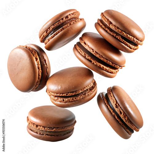 Wallpaper Mural Chocolate Glaze Macarons Levitating Isolated on White Background Ideal for Gourmet and Dessert Illustrations Torontodigital.ca