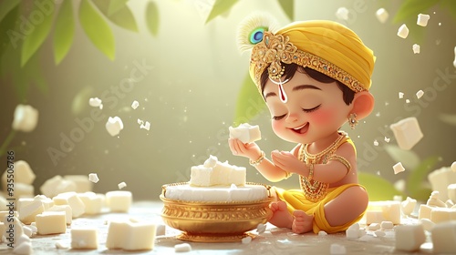 Krishna Janmashtami, Little Krishna with a pot filled with white butter	 photo