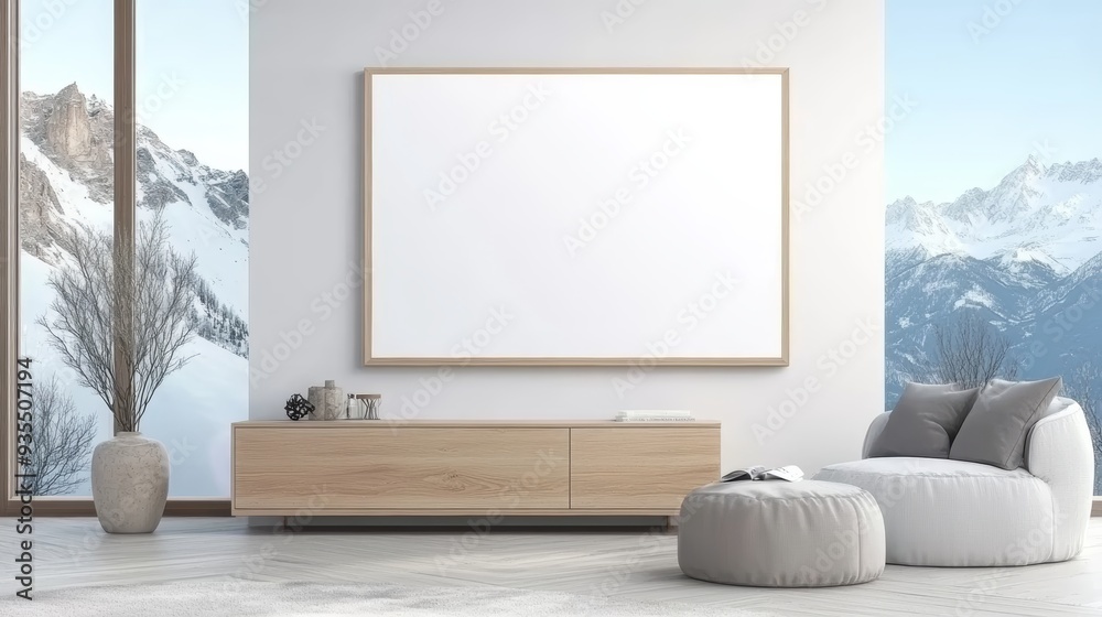 Fototapeta premium Modern interior featuring a blank in a stylish living space with mountain views and cozy furniture.