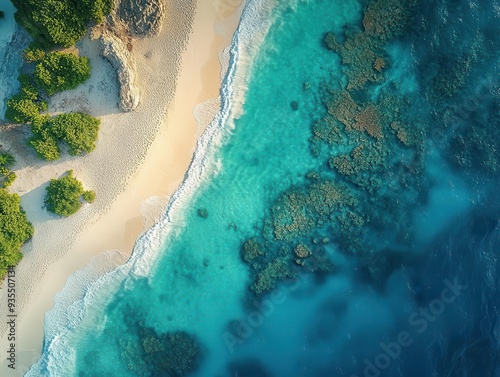 aerial view of turquoise lagoon meeting white sand beach with intricate patterns of waves and reef shadows