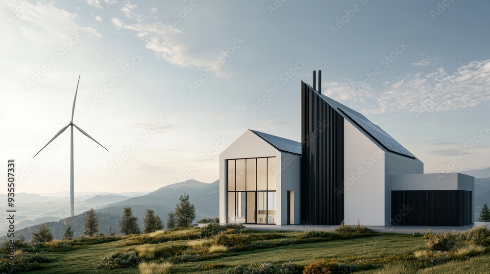 Modern eco-friendly house with large windows and wind turbine against a backdrop of mountains and clear skies. Modern eco-friendly house with large windows and wind turbine against a backdrop of mountains and clear skies.