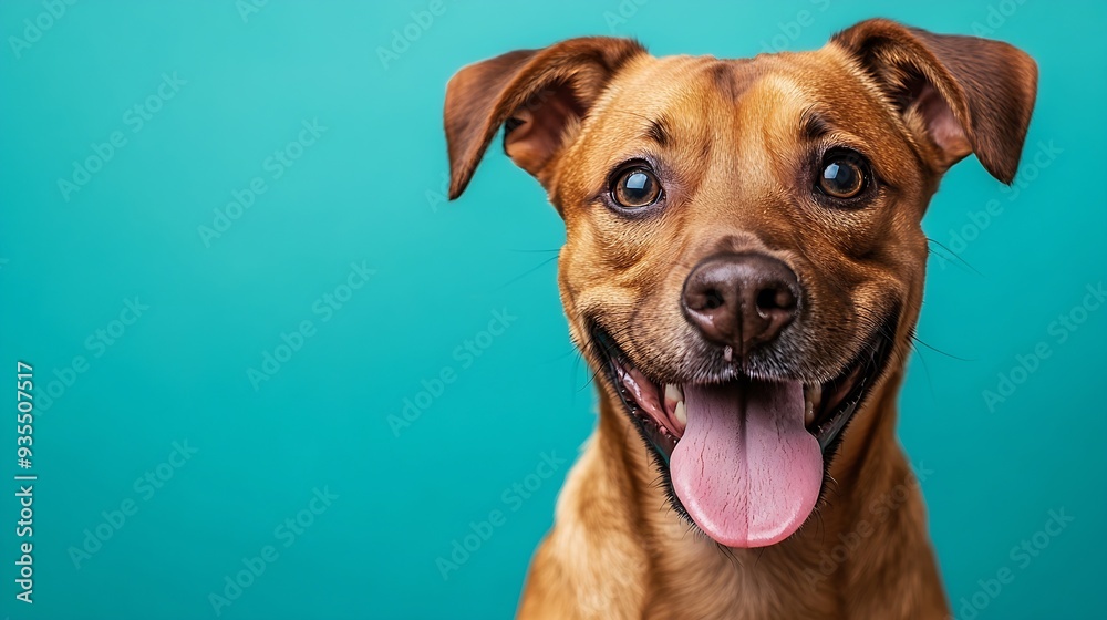 studio headshot portrait of smiling mixed breed brown fawn colored dog with tongue sticking out against a turquoise background : Generative AI studio headshot portrait of smiling mixed breed brown fawn colored dog with tongue sticking out against a turquoise background : Generative AI