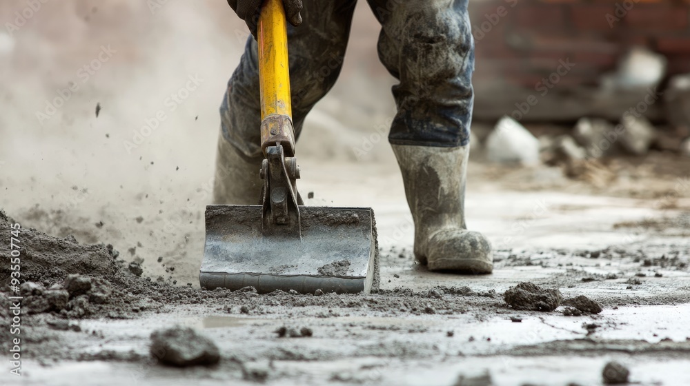 Construction Worker Spreading Concrete With Shovel Construction Worker Spreading Concrete With Shovel