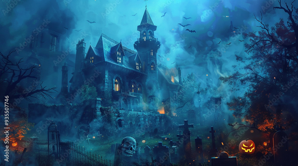 Halloween background Haunted mansion with bats and eerie fog in a spooky cemetery Halloween background Haunted mansion with bats and eerie fog in a spooky cemetery