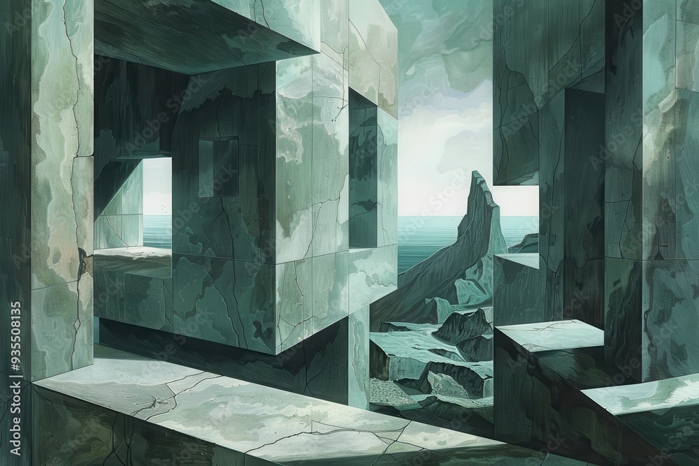Mysterious Green Geometric Structures Overlooking Rocky Seascape Mysterious Green Geometric Structures Overlooking Rocky Seascape