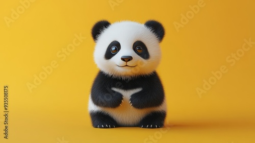 A cute panda bear is standing on a yellow background