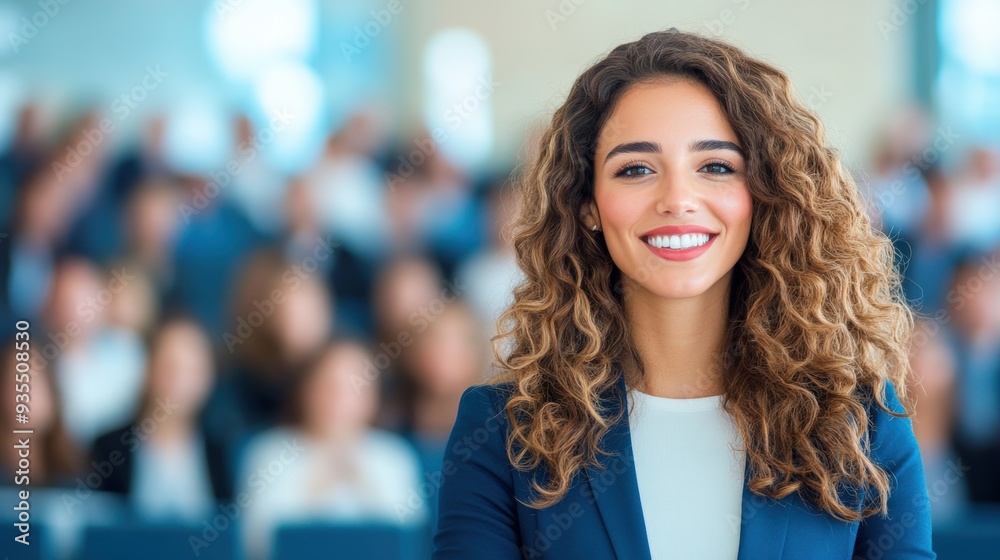 Obraz premium Confident businesswoman smiling with a crowd in the background, showcasing professional engagement and leadership.