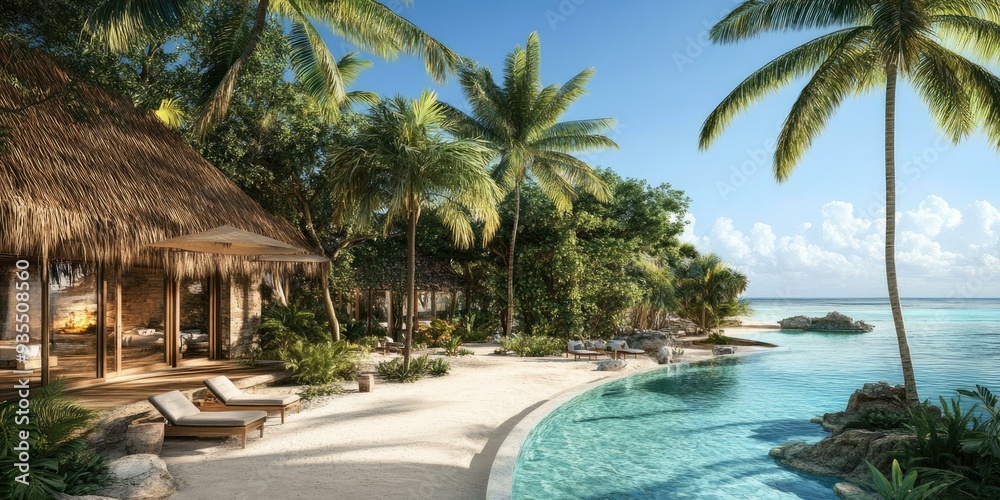 Fototapeta premium Tropical bungalow with pool and beach views.